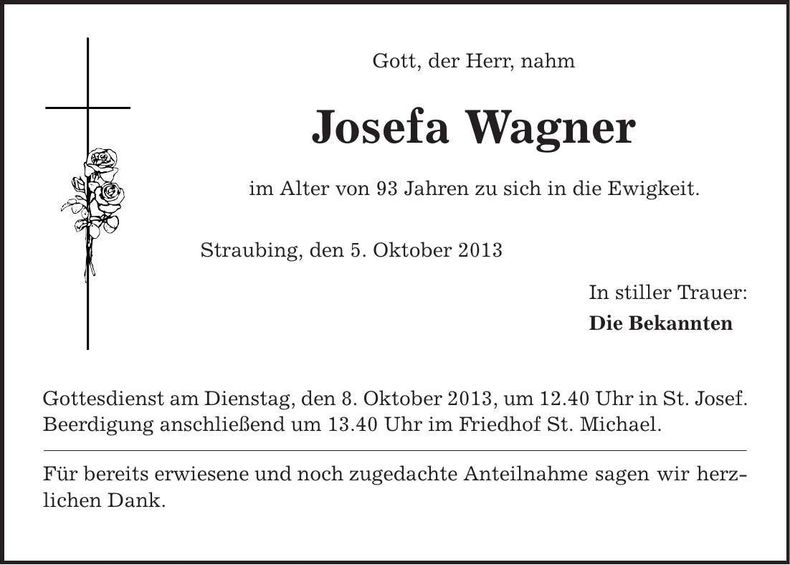 Traueranzeige Josefa Wagner