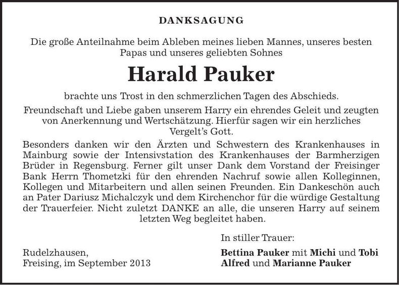 Traueranzeige Harald Pauker