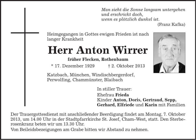 Traueranzeige Anton Wirrer