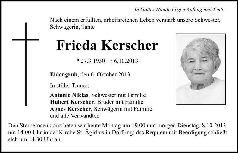 Traueranzeige Frieda Kerscher