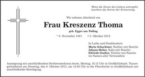 Traueranzeige Kreszenz Thoma