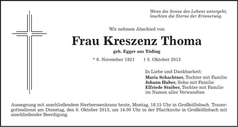 Traueranzeige Kreszenz Thoma