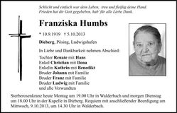 Traueranzeige Franziska Humbs