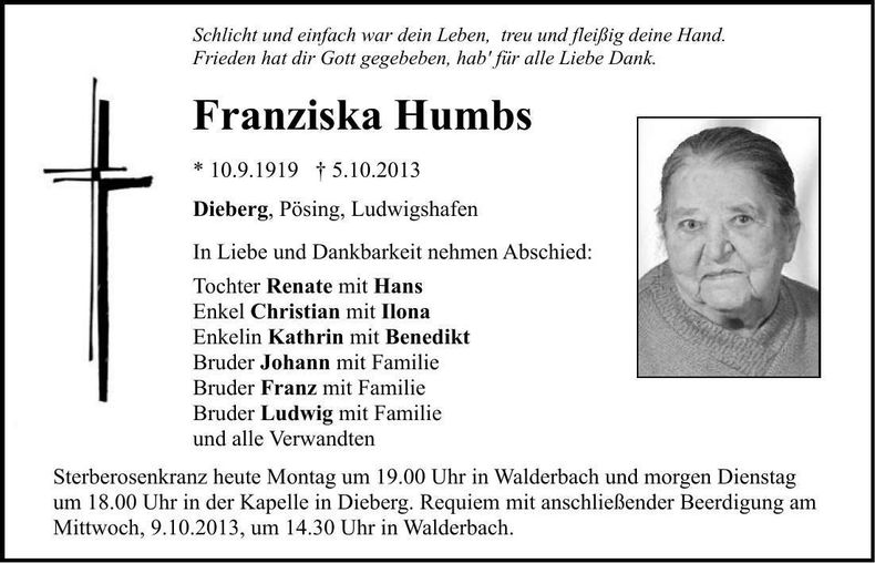 Traueranzeige Franziska Humbs