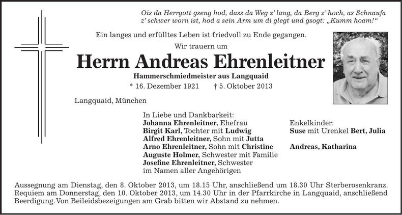 Traueranzeige Andreas Ehrenleitner