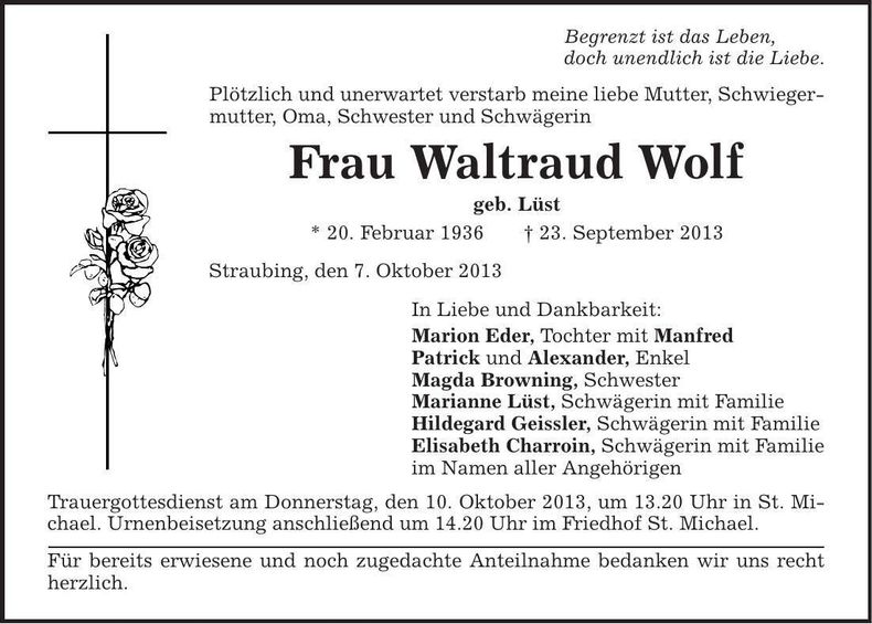 Traueranzeige Waltraud Wolf
