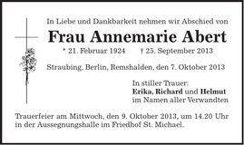 Traueranzeige Annemarie Abert