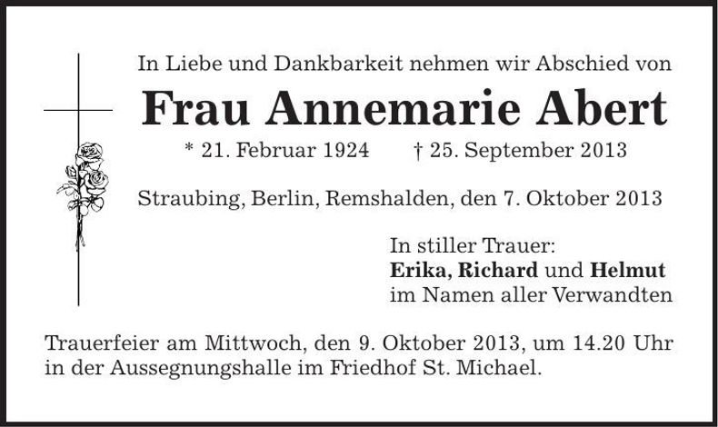 Traueranzeige Annemarie Abert