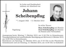 Traueranzeige Johann Scheibenpflug