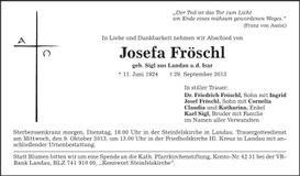 Traueranzeige Josefa Fröschl
