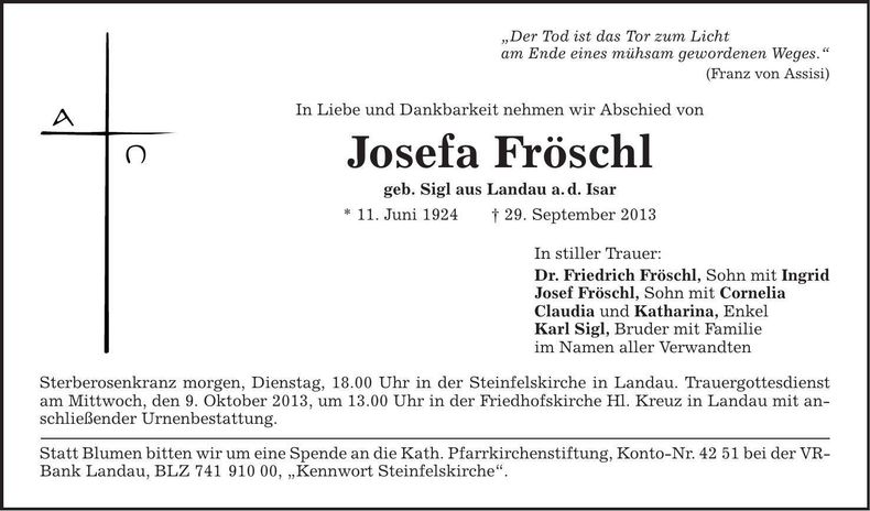 Traueranzeige Josefa Fröschl