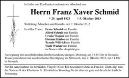 Traueranzeige Franz Xaver Schmid
