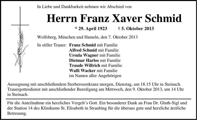 Traueranzeige Franz Xaver Schmid
