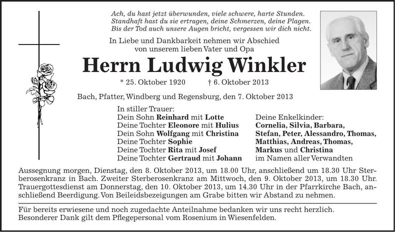 Traueranzeige Ludwig Winkler