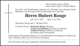 Traueranzeige Hubert Ronge