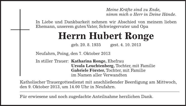 Traueranzeige Hubert Ronge