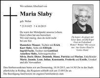 Traueranzeige Maria Slaby