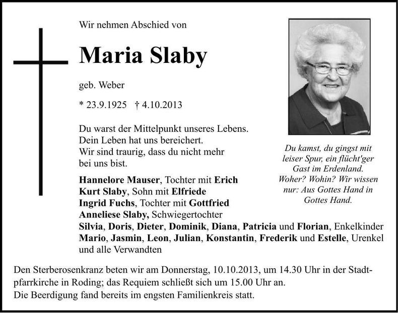 Traueranzeige Maria Slaby