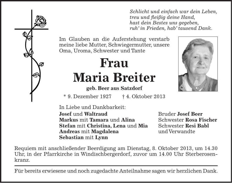 Traueranzeige Maria Breiter