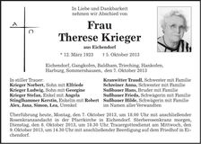 Traueranzeige Therese Krieger