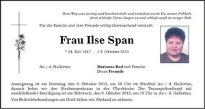 Traueranzeige Ilse Span