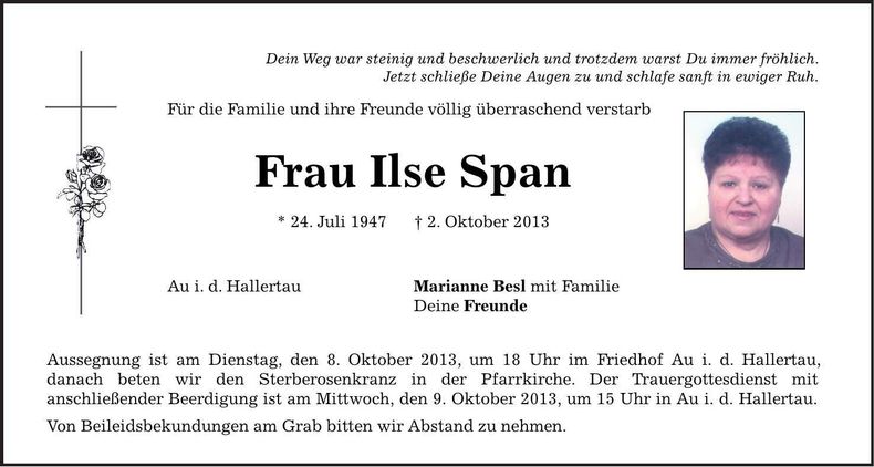 Traueranzeige Ilse Span
