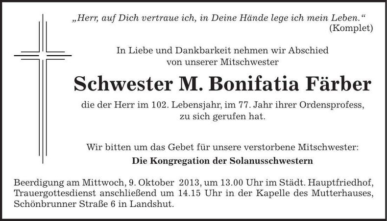 Traueranzeige Bonifatia Färber