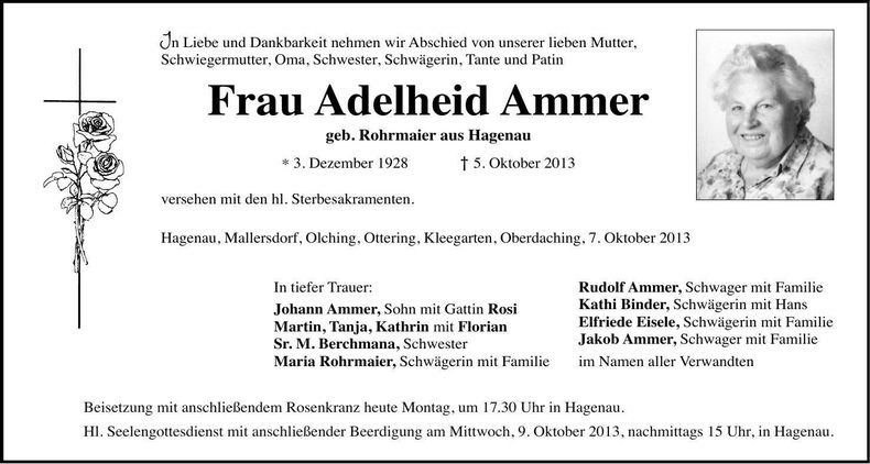 Traueranzeige Adelheid Ammer
