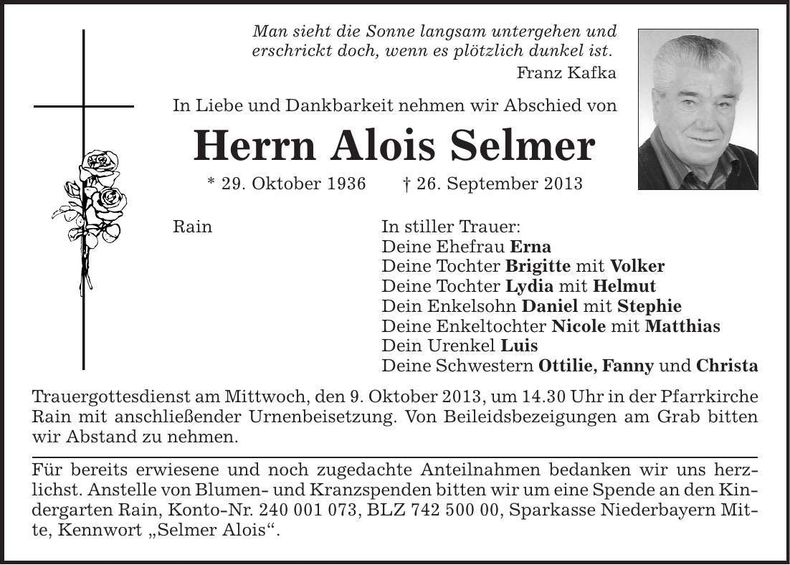 Traueranzeige Alois Selmer