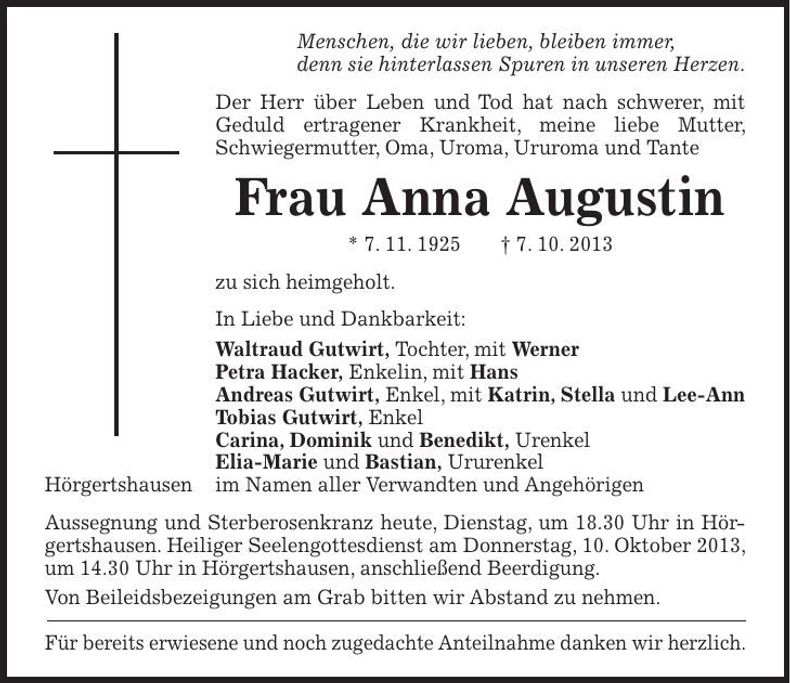 Traueranzeige Anna Augustin