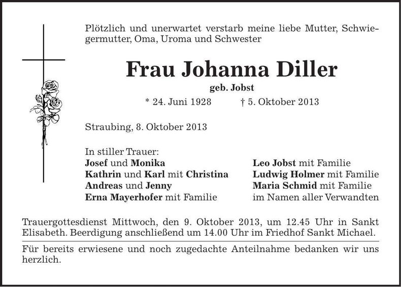 Traueranzeige Johanna Diller