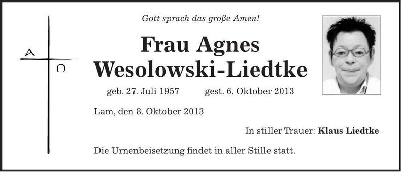 Traueranzeige Agnes Wesolowski-Liedtke