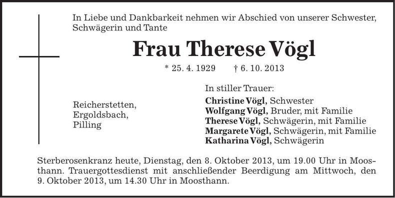 Traueranzeige Therese Vögl