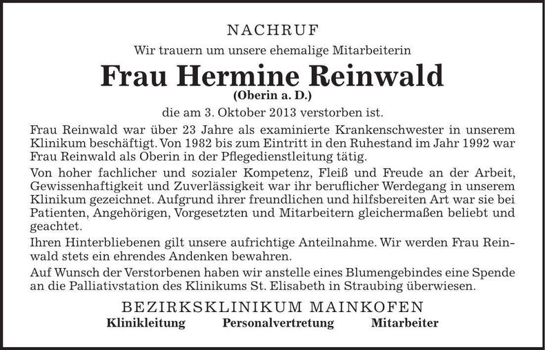 Traueranzeige Hermine Reinwald