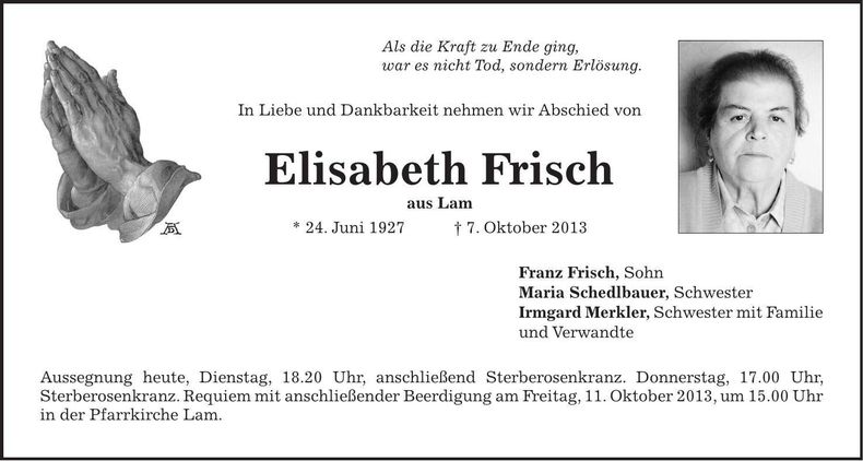 Traueranzeige Elisabeth Frisch