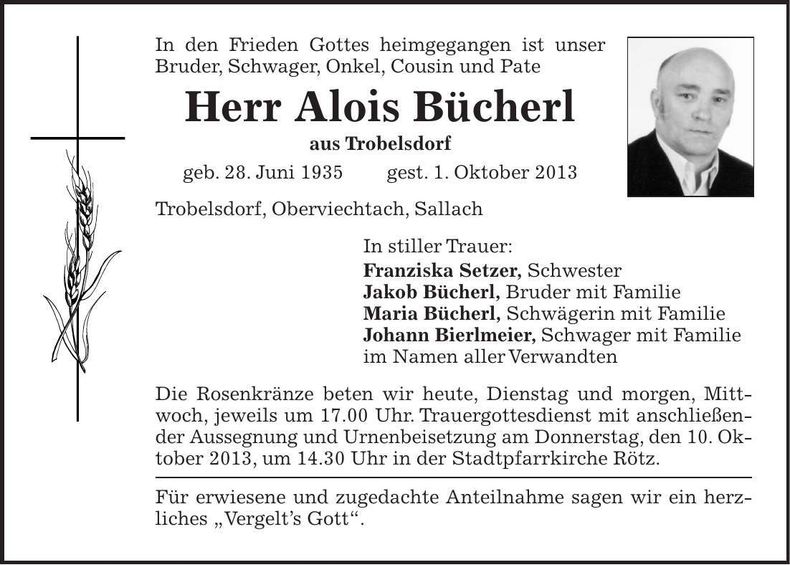 Traueranzeige Alois Bücherl