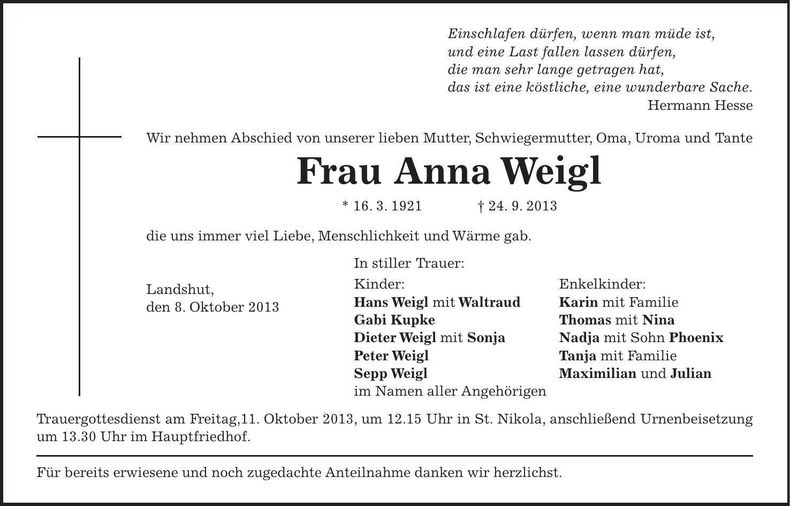 Traueranzeige Anna Weigl