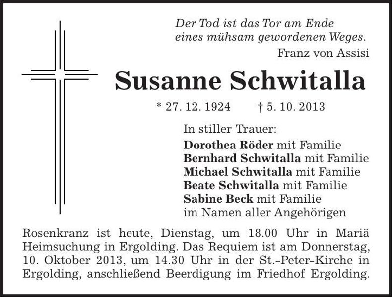 Traueranzeige Susanne Schwitalla
