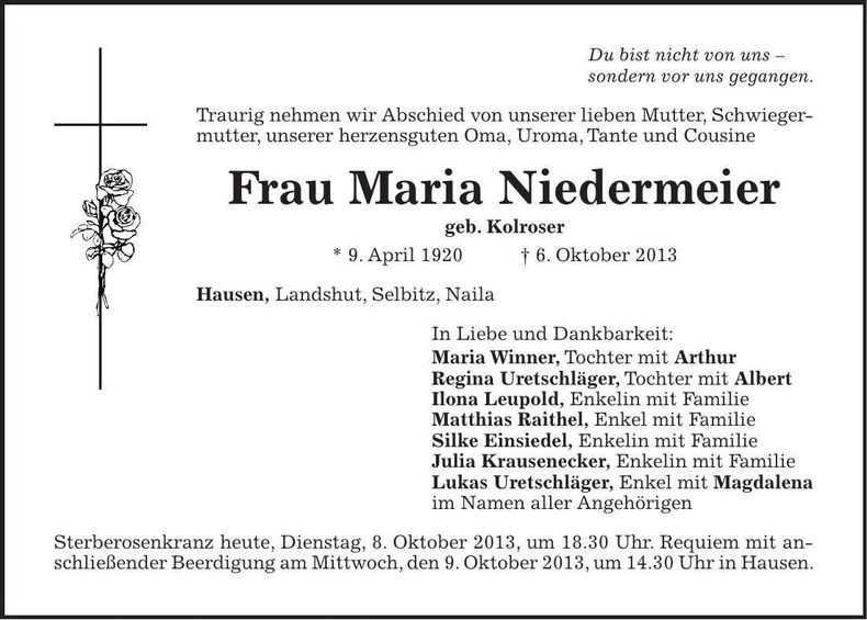 Traueranzeige Maria Niedermeier