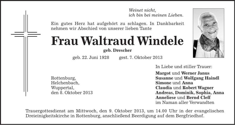 Traueranzeige Waltraud Windele