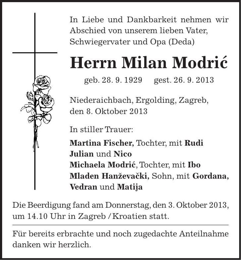 Traueranzeige Milan Modric