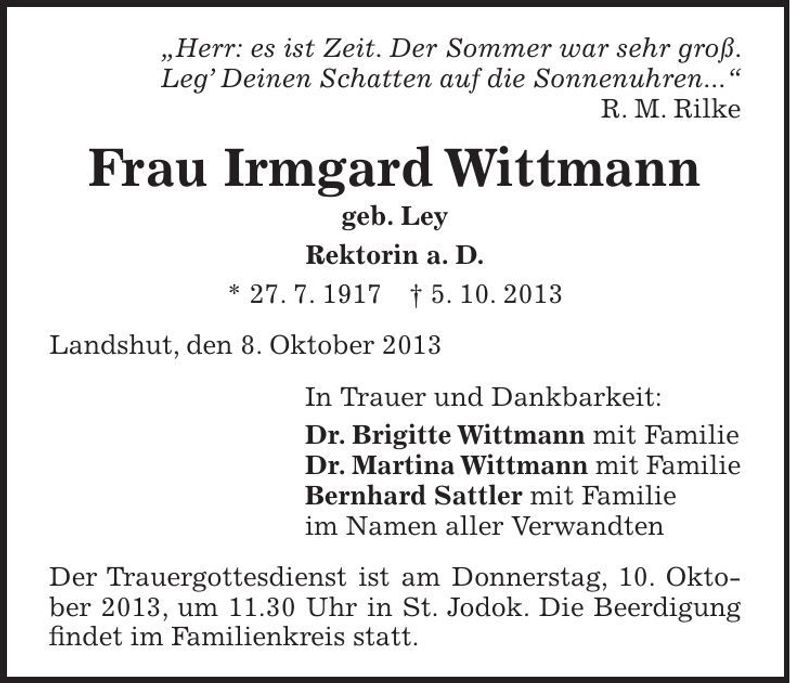 Traueranzeige Irmgard Wittmann