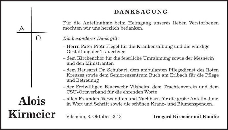 Traueranzeige Alois Kirmeier