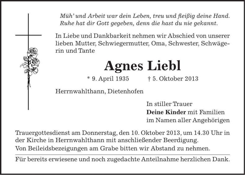 Traueranzeige Agnes Liebl