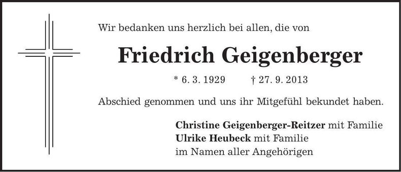 Traueranzeige Friedrich Geigenberger