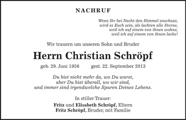 Traueranzeige Christian Schröpf