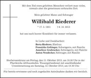 Traueranzeige Willibald Rieder