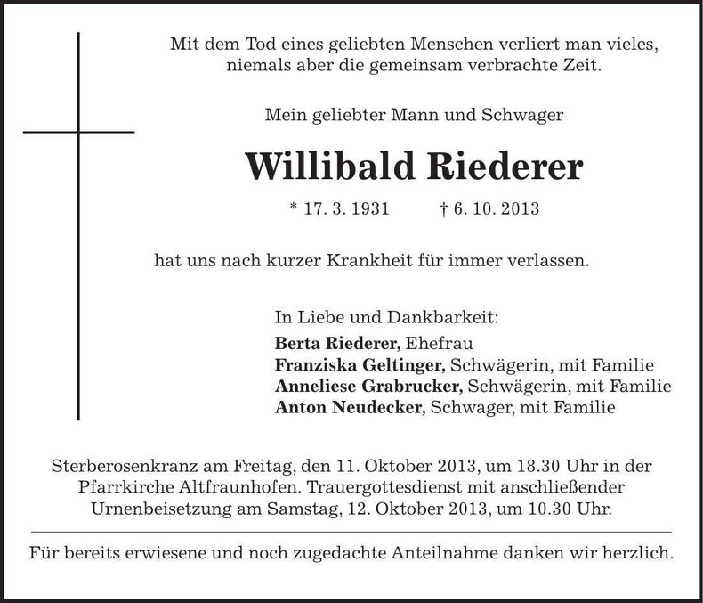 Traueranzeige Willibald Rieder