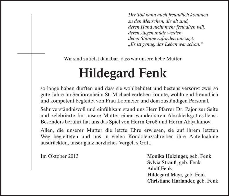 Traueranzeige Hildegard Fenk