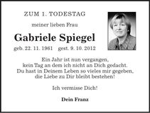 Traueranzeige Gabriele Spiegel